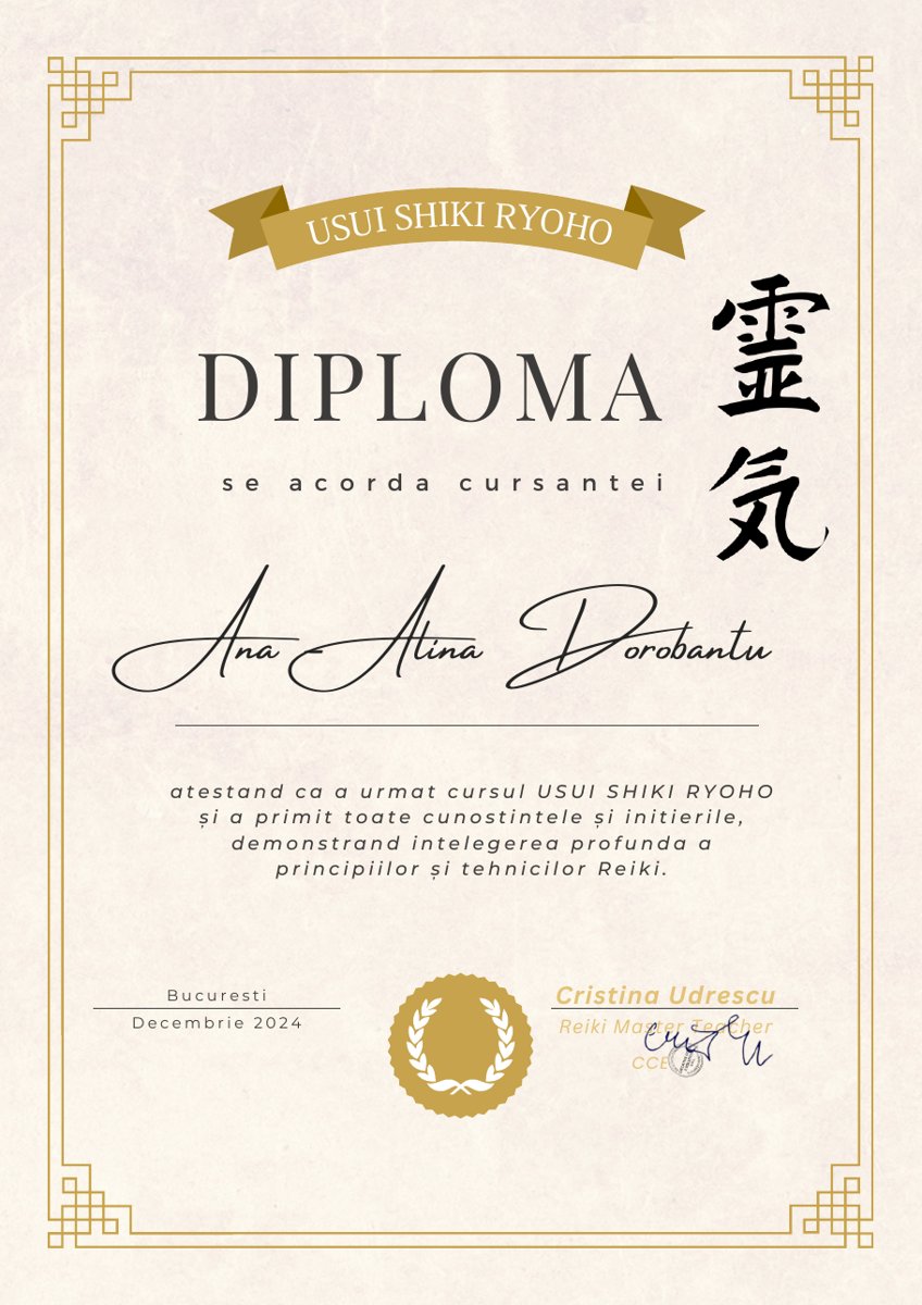 Diplomă Usui Shiki Ryoho, Ana-Alina Dorobanțu, București, decembrie 2024
